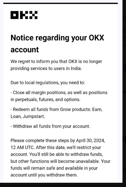 OKX to Shut Down Services for Indian Customers, Deadline April 30th